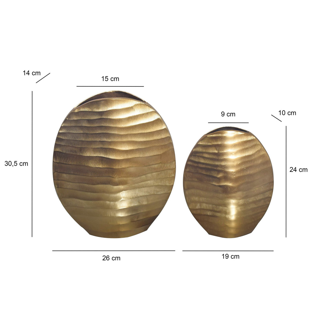 Dekorativ vase sæt med 2, aluminium guld, bølgemønster, moderne, rund dekorativ vase, 2-delt sæt til blomster, aluminiums bordvase, boligindretning, metal borddekoration, håndlavet