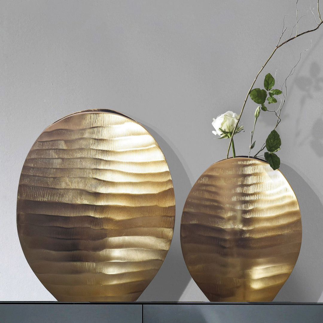Dekorativ vase sæt med 2, aluminium guld, bølgemønster, moderne, rund dekorativ vase, 2-delt sæt til blomster, aluminiums bordvase, boligindretning, metal borddekoration, håndlavet