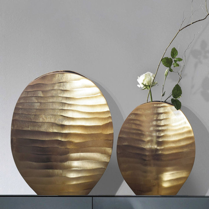 Dekorativ vase sæt med 2, aluminium guld, bølgemønster, moderne, rund dekorativ vase, 2-delt sæt til blomster, aluminiums bordvase, boligindretning, metal borddekoration, håndlavet