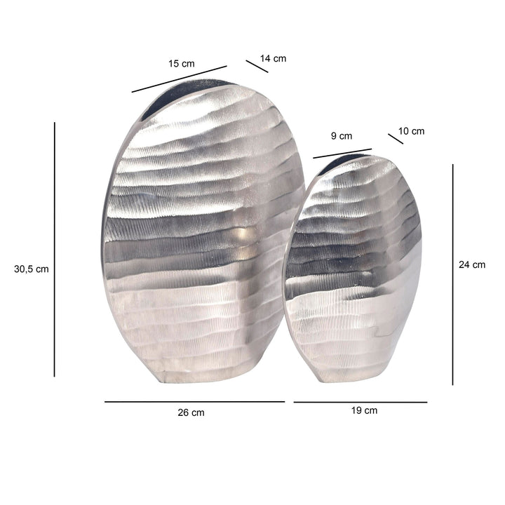 Dekorativ vase sæt med 2, aluminium sølv, blomstervase med bølgemønster, moderne, rund dekorativ vase, 2-delt sæt til blomster, aluminiums bordvase, boligindretning, metal borddekoration, håndlavet