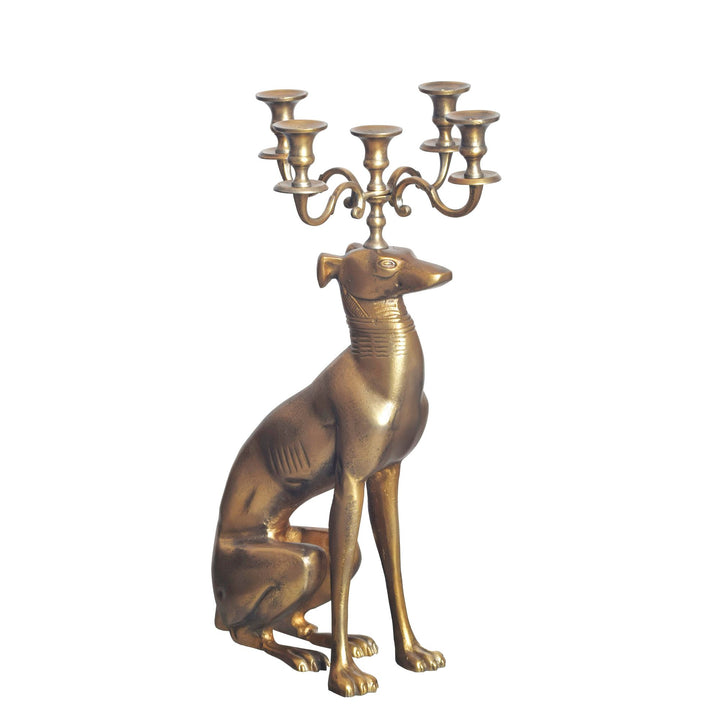 Greyhound lysestage, aluminium, guld, 69 cm, 5-armet lysestage, metallysestage til fem lys, moderne gulvlysestage, hundetilbehør