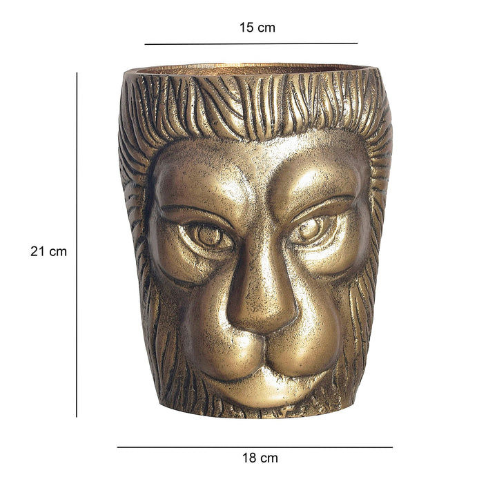 Dekorativ løvehovedvase, 21 cm, aluminium, guld, moderne, lille, rund, ekstravagant, til blomster, aluminiums bordvase, boligindretning, håndlavet