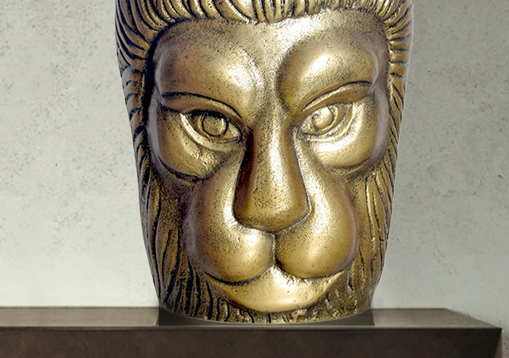 Dekorativ løvehovedvase, 21 cm, aluminium, guld, moderne, lille, rund, ekstravagant, til blomster, aluminiums bordvase, boligindretning, håndlavet