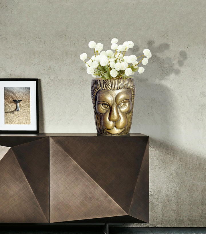 Dekorativ løvehovedvase, 21 cm, aluminium, guld, moderne, lille, rund, ekstravagant, til blomster, aluminiums bordvase, boligindretning, håndlavet