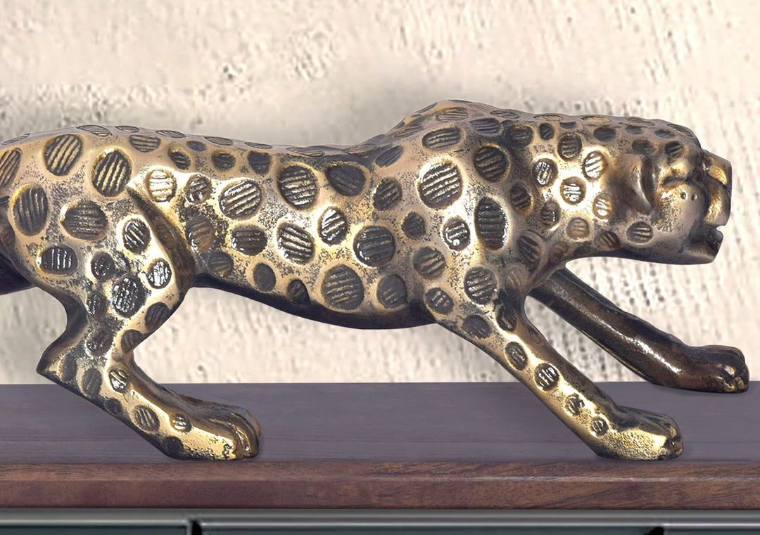 Dekorationsfigur Panter 63 cm i Guld Aluminium med Sokkel i Massivt Træ