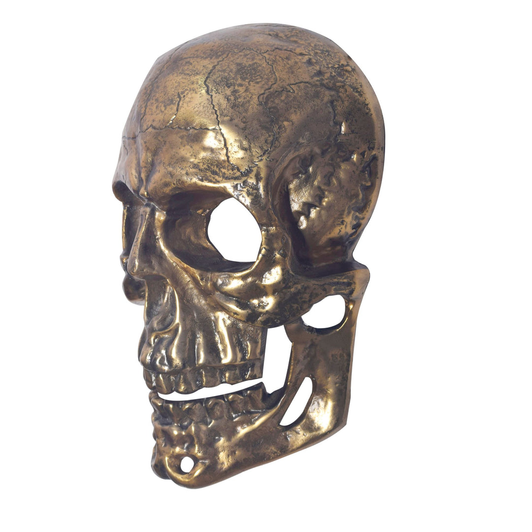 Kranie vægdekoration, aluminium, guld, 41 cm, stort kranie, designer vægdekoration, metaldekoration, moderne aluminium, boligindretning kranie, vægskulptur, dekoration, boligtilbehør