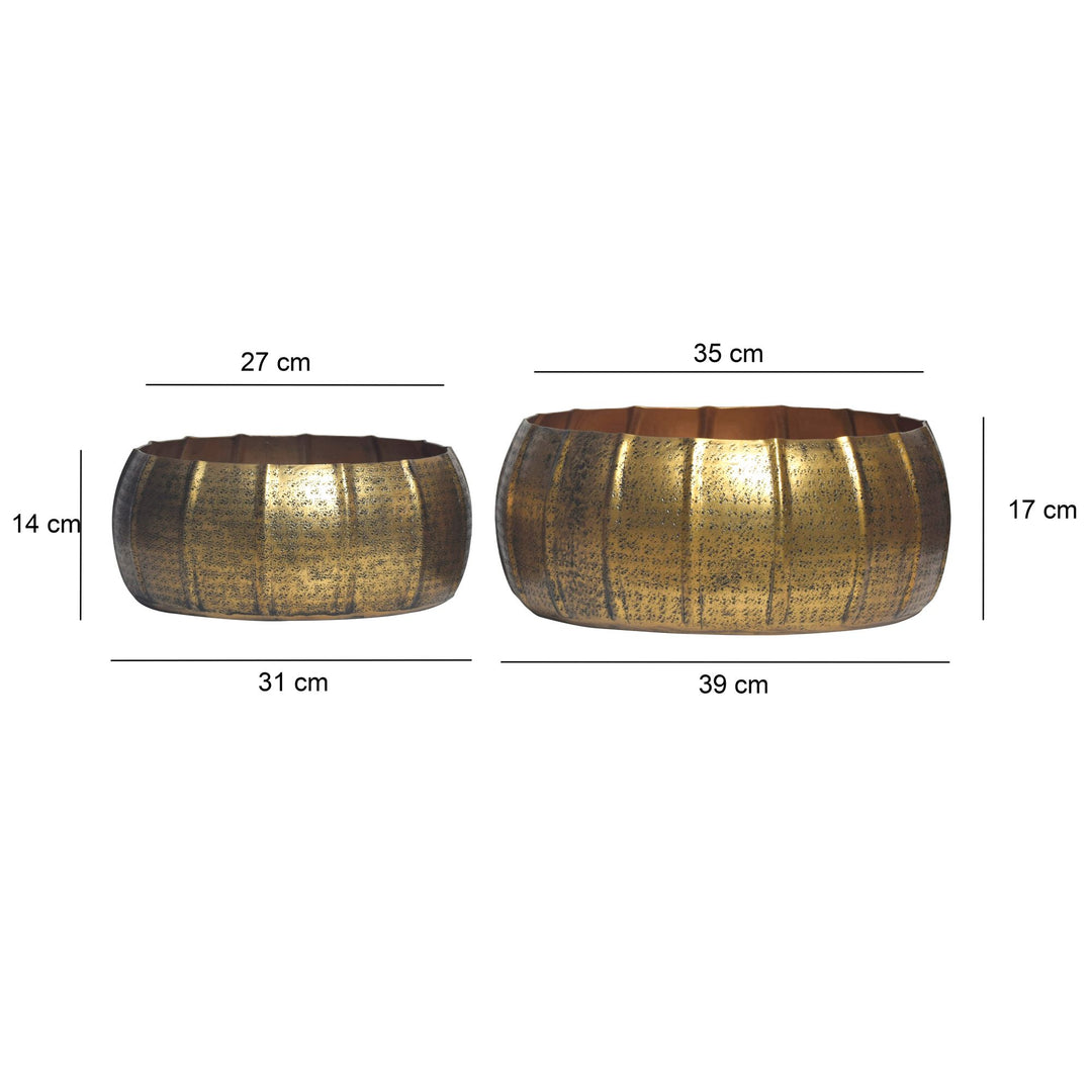 Sæt med 2 metalplantekasser, gulddesign, runde aluminiums indendørsplantekasser, 2-delt hamret blomsterpotte/skålsæt