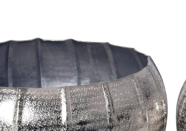 Sæt med 2 metalplantekasser, sølv, designer runde aluminium indendørs plantekasser, 2-delt hamret blomsterpotte/skålsæt