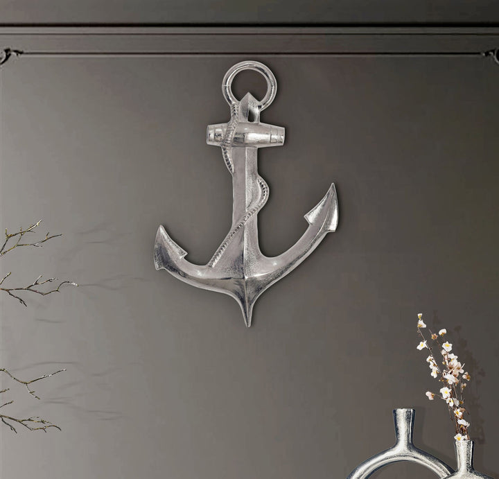 Dekorativt anker 70 cm sølv stor aluminiumsfigur boligindretning nautisk, designer vægdekoration metal, boligdekoration, XXL vægornament, moderne vægdekoration