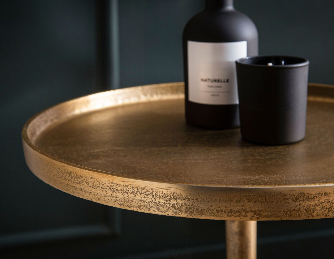 Sidebord, ægte marmor, metal, 34x34x58 cm, guld og hvid, lille rundt sidebord, moderne stuebord, højt marmorbord