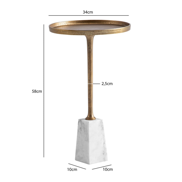 Sidebord, ægte marmor, metal, 34x34x58 cm, guld og hvid, lille rundt sidebord, moderne stuebord, højt marmorbord
