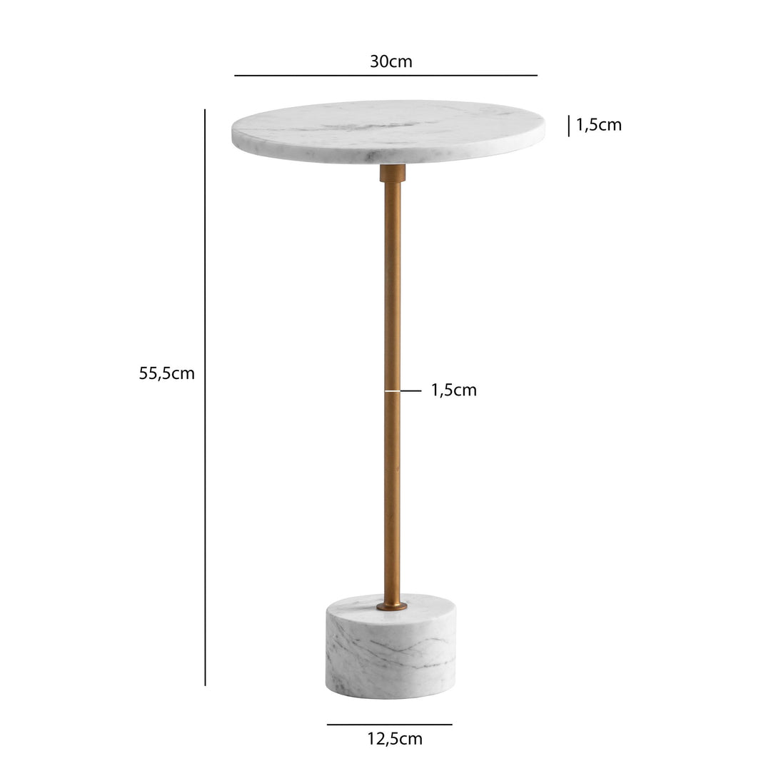 Sidebord, ægte marmor, metal, 30x30x55,5 cm, hvid og guld, lille rundt sidebord, moderne stuebord, højt marmorbord
