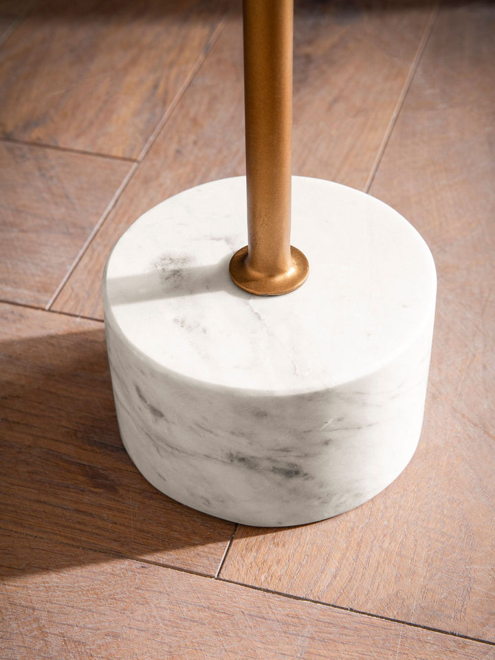 Sidebord, ægte marmor, metal, 30x30x55,5 cm, hvid og guld, lille rundt sidebord, moderne stuebord, højt marmorbord