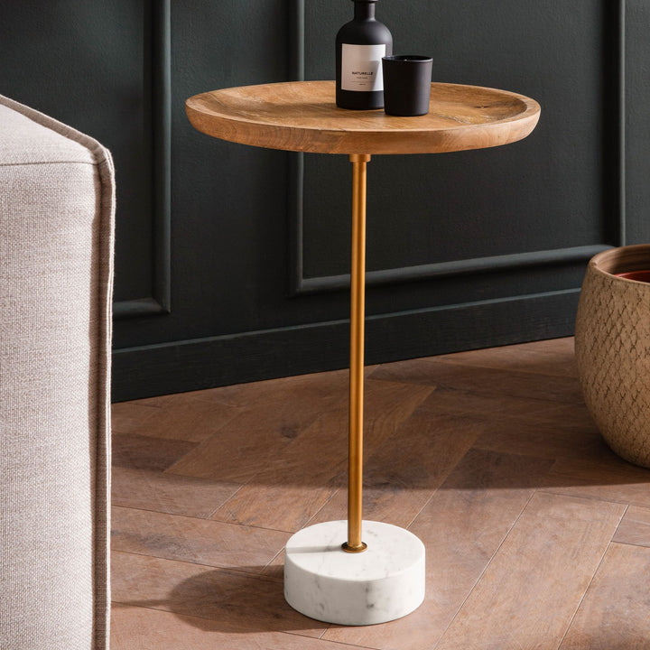 Sidebord, massivt mangotræ, ægte marmor, 40x40x55 cm, lille rundt sidebord, moderne stuebord, højt sofabord