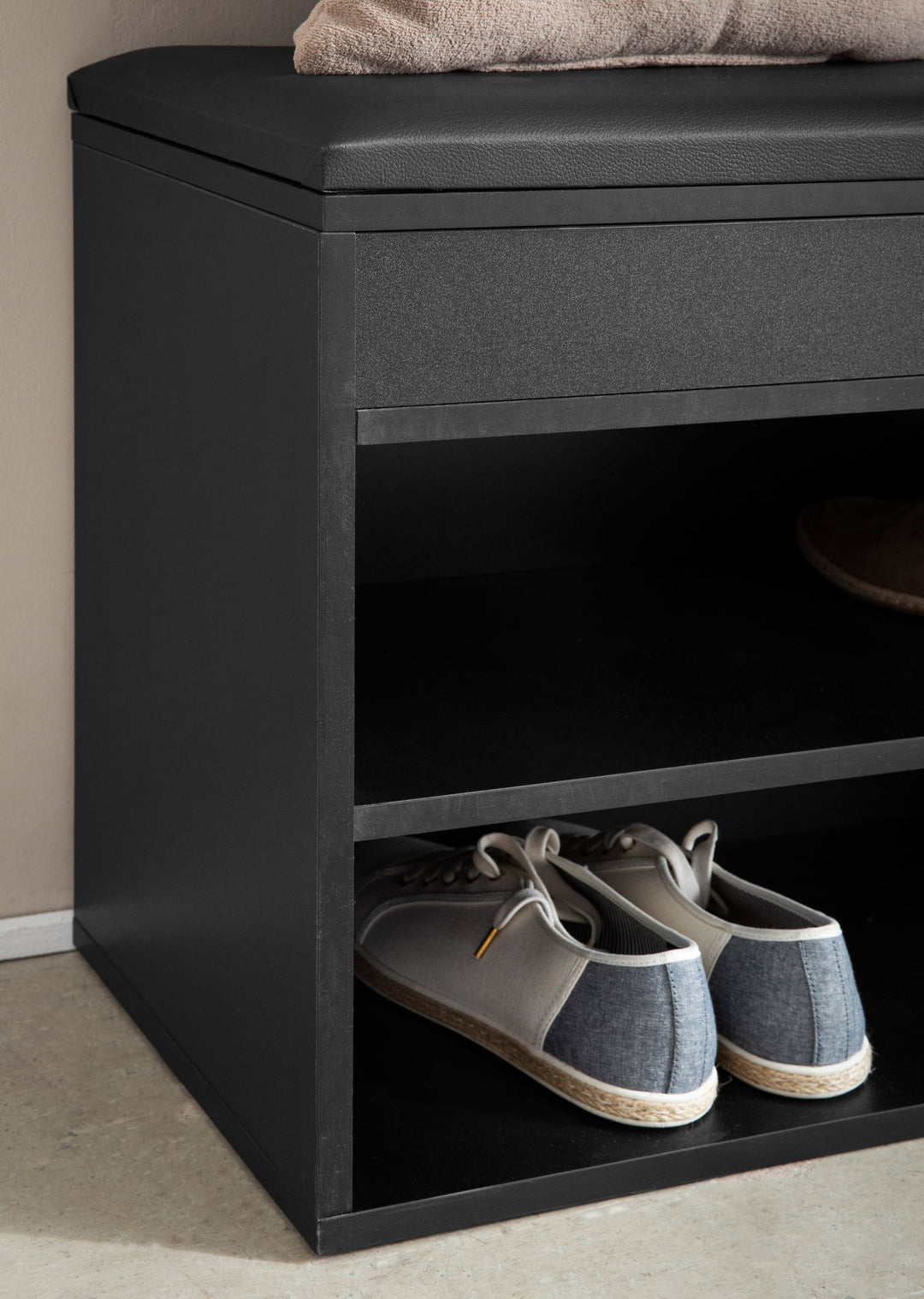 Skobænk med sæde, entrébænk 104x51x32 cm, sort kunstlæder, lille polstret træbænk, smal entrébænk med opbevaring, kommodebænk, skokommode, entrémøbler