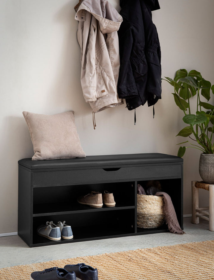 Skobænk med sæde, entrébænk 104x51x32 cm, sort kunstlæder, lille polstret træbænk, smal entrébænk med opbevaring, kommodebænk, skokommode, entrémøbler