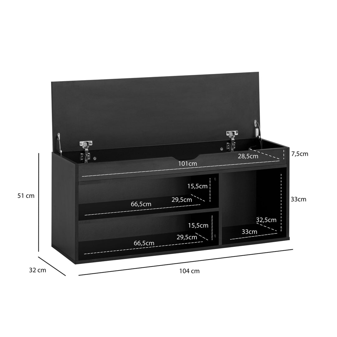 Skobænk med sæde, entrébænk 104x51x32 cm, sort kunstlæder, lille polstret træbænk, smal entrébænk med opbevaring, kommodebænk, skokommode, entrémøbler