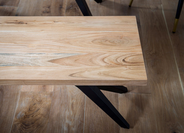 Spisebænk 120x45x45 cm, massivt akacietræ, metal, loftstil; spisebænk i massivt træ uden ryglæn; køkkenbænk i industriel stil; lille spisebænk