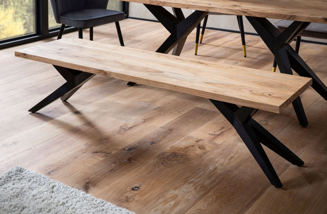 Spisebænk 120x45x45 cm, massivt akacietræ, metal, loftstil; spisebænk i massivt træ uden ryglæn; køkkenbænk i industriel stil; lille spisebænk