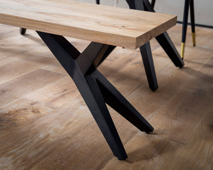 Spisebænk 120x45x45 cm, massivt akacietræ, metal, loftstil; spisebænk i massivt træ uden ryglæn; køkkenbænk i industriel stil; lille spisebænk