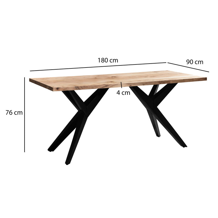 Skrivebord 180x90x76 cm, massivt akacietræ, computerbord i loftstil, hjemmekontorbord med metalben, stort industrielt træbord, rektangulært laptopbord til hjemmekontor