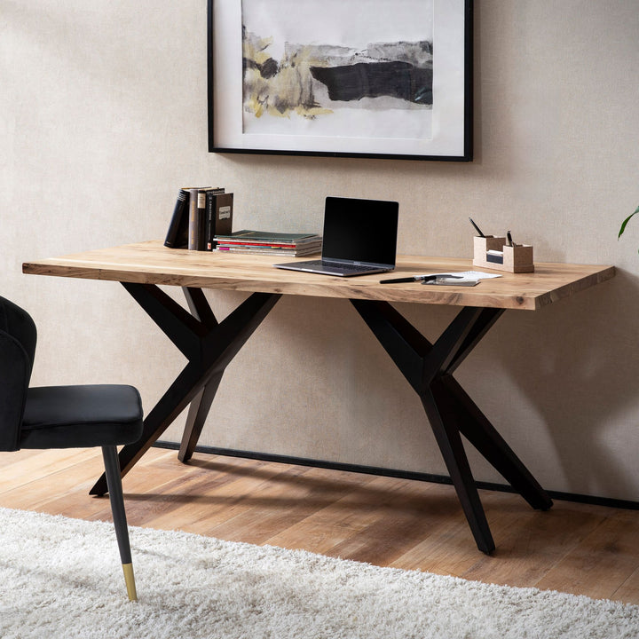 Skrivebord 180x90x76 cm, massivt akacietræ, computerbord i loftstil, hjemmekontorbord med metalben, stort industrielt træbord, rektangulært laptopbord til hjemmekontor