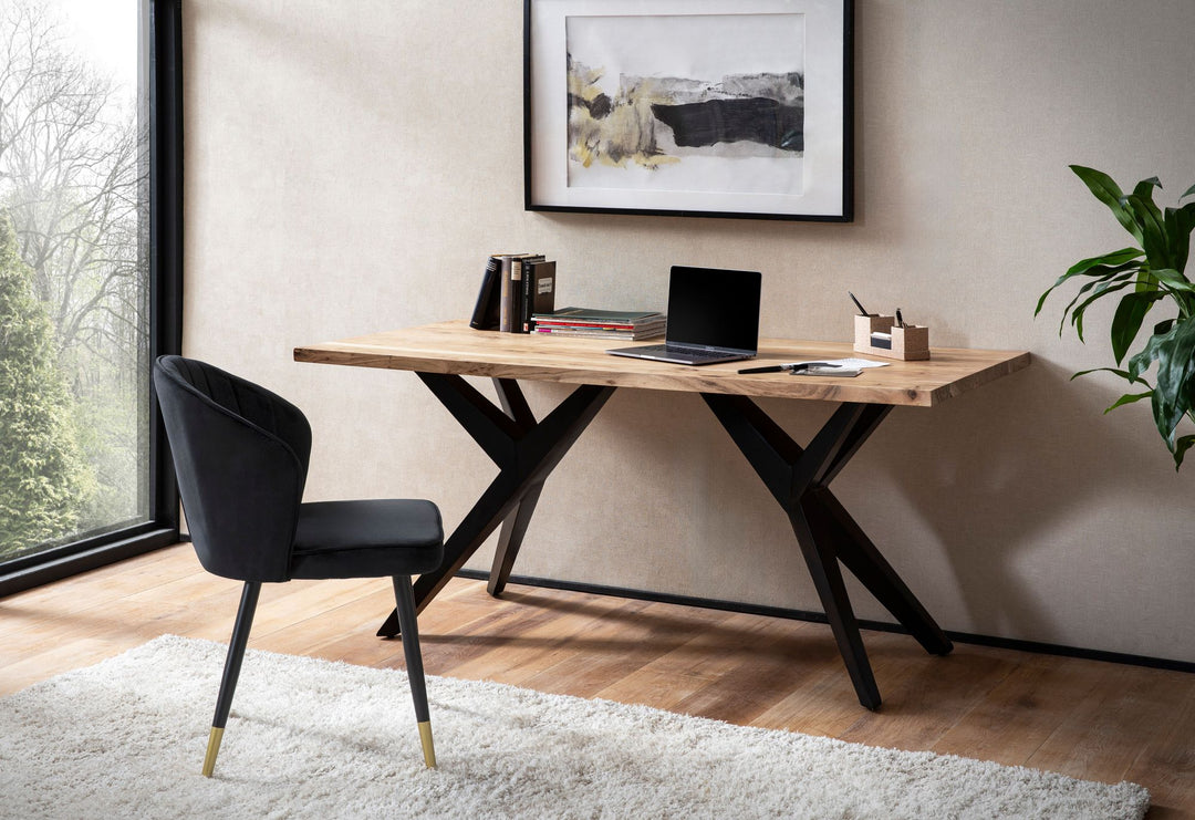 Skrivebord 180x90x76 cm, massivt akacietræ, computerbord i loftstil, hjemmekontorbord med metalben, stort industrielt træbord, rektangulært laptopbord til hjemmekontor