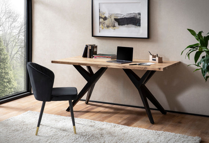 Skrivebord 180x90x76 cm, massivt akacietræ, computerbord i loftstil, hjemmekontorbord med metalben, stort industrielt træbord, rektangulært laptopbord til hjemmekontor