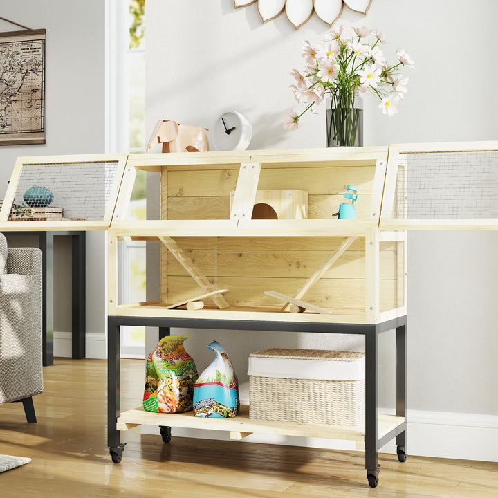 Træbur til dværghamstere med opbevaringsrum, hjul, ramper, vandflaske, hytte, vippe, 87 x 43 x 101 cm