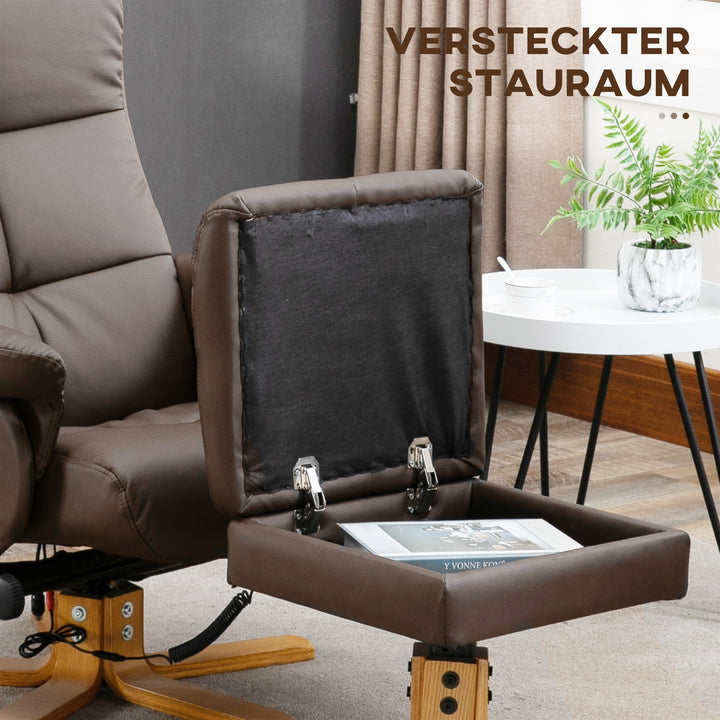 Afslappende lænestol med lænefunktion massagestol med fodskammel tv-stol tv-stol 145° vipbar lænestol ergonomisk stol med 10 vibrationspunkter kunstlæder brun 80 x 86 x 99 cm