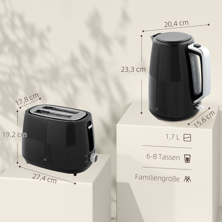 Elkedel- og brødristersæt, 1,7 L, forskellige funktioner, rustfrit stål, sort