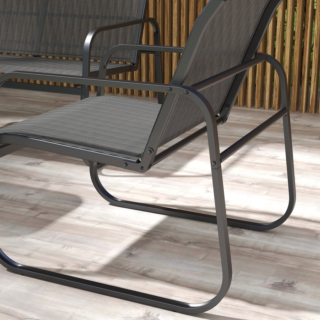 Havemøbelsæt med 4 dele, 2 lænestole, 2-personers sofa, glasbord, åndbart stof, metalstel, sort