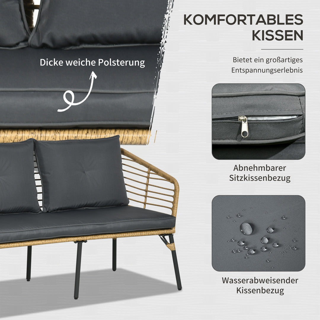 Havemøbelsæt til 4 personer, rattan siddesæt med hynder, boho-stil balkonmøbler, sand + mørkegrå