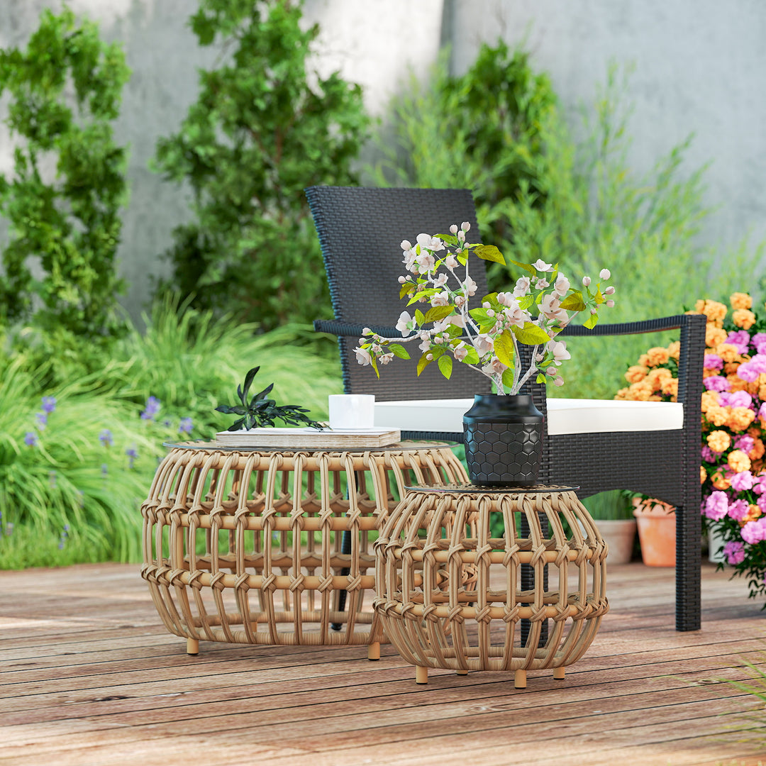 Sæt med 2 sideborde, polyrattan, Ø66/42 cm, rundt, vejrbestandigt, havebord med glasplade, brunt