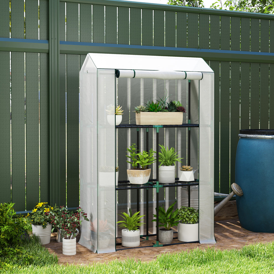 Drivhus med 3-lags hylde, uv-bestandig plastikdør, rulledør, 100 x 40 x 150 cm, hvid