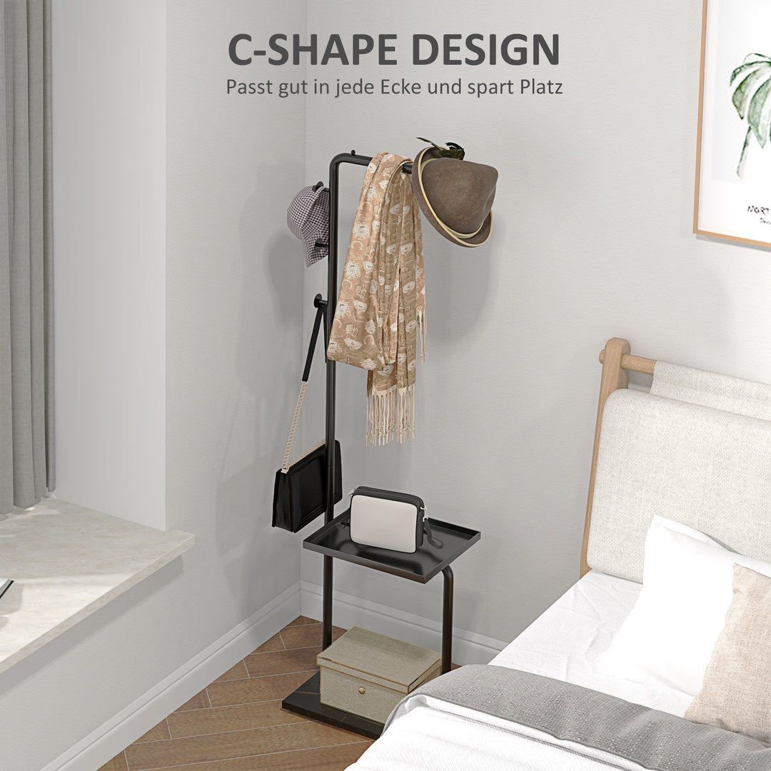 Knagerække, bøjlestang med stopper, 3 kroge, opbevaringsrum, kunststensfod, sort