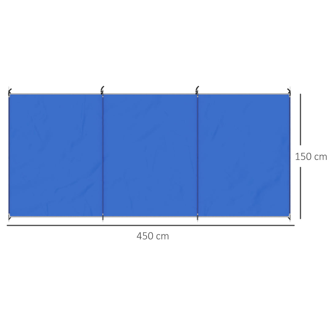 Sammenklappelig læskærm/campingskærm med bæretaske, stålstænger til camping, have, strand, 450 x 150 cm, blå