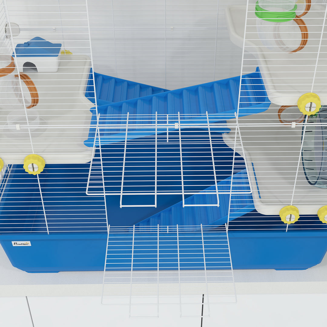 Hamsterbur med 4 niveauer, bur til små dyr med tunnelsystem, hytte, træningshjul, til dværghamstere, 78 x 45 x 73 cm, blå