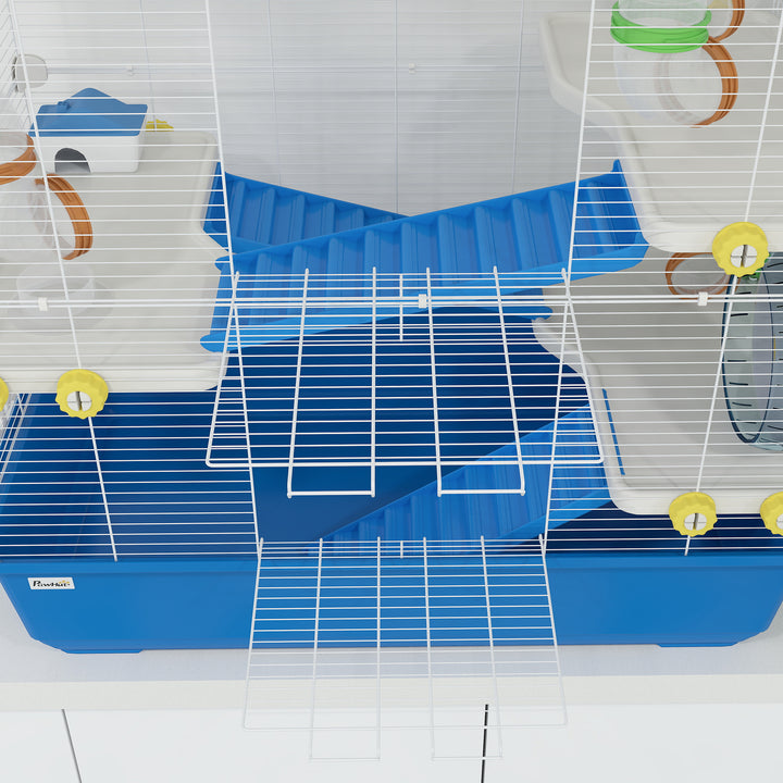 Hamsterbur med 4 niveauer, bur til små dyr med tunnelsystem, hytte, træningshjul, til dværghamstere, 78 x 45 x 73 cm, blå