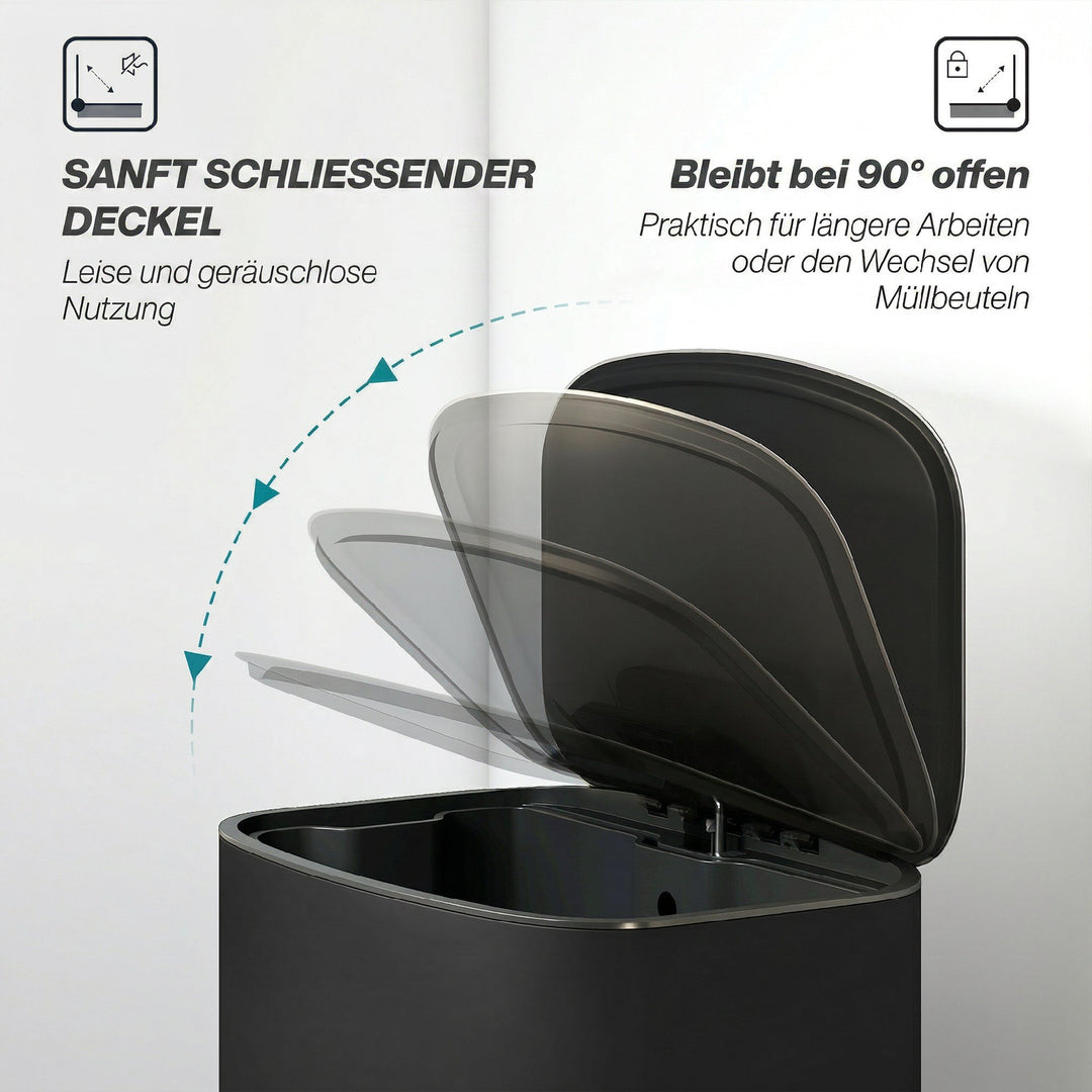 Køkkenaffaldsspand, 50 liter, pedalspand med stay-open-funktion, soft-close låg, pedal, sort