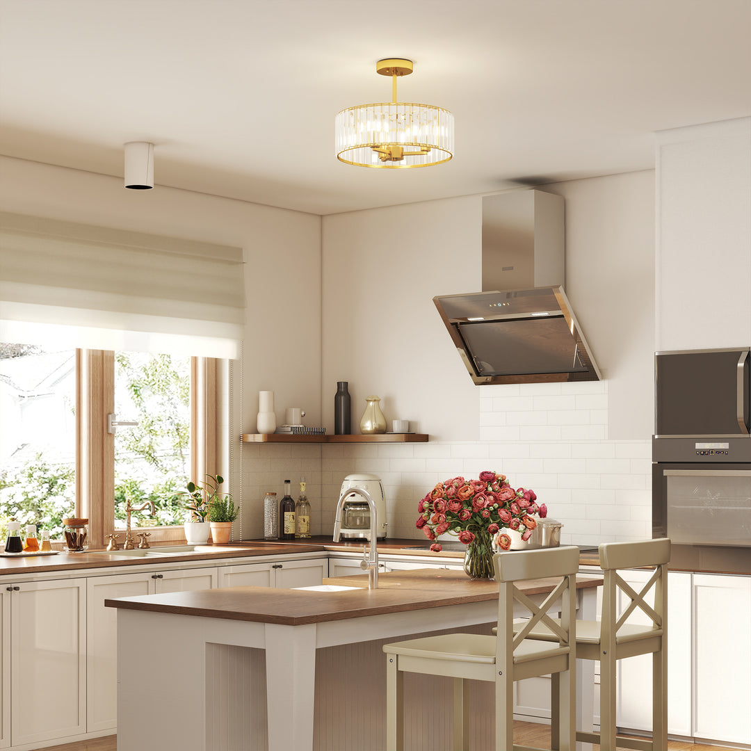 Loftlampe, lysekronedesign, krystalskærm, 3 pærer, metal, guld