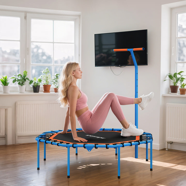 Fitnesstrampolin, træningstrampolin med justerbart håndtag, stabil og støjsvag, til indendørs brug, stål, blå