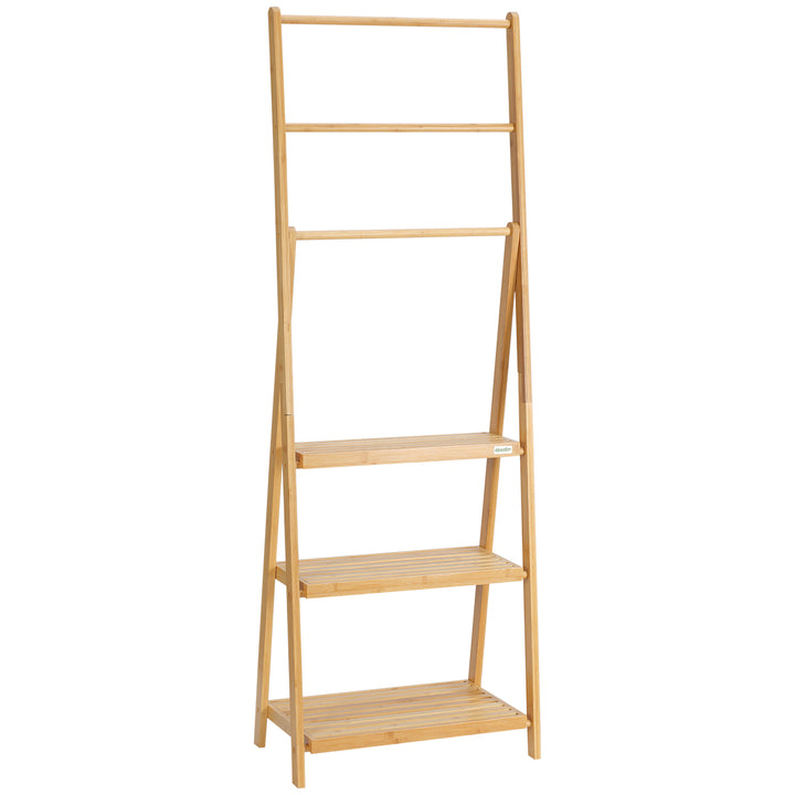 Bambus håndklædestige med hylder, 3 hylder, 3 håndklædestativer, foldbar, 53 cm x 30,5 cm x 152 cm, naturlig