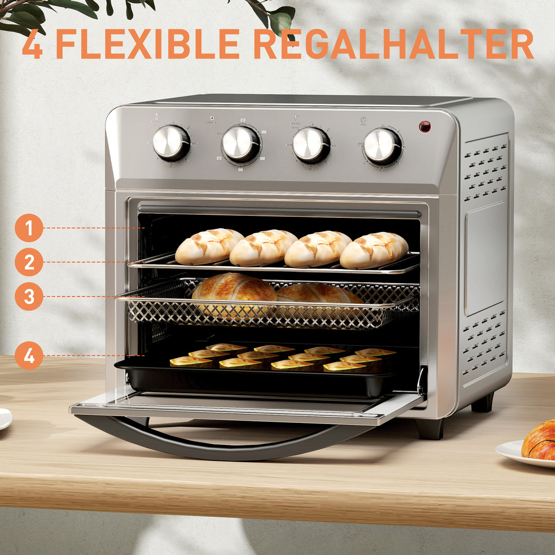 Miniovn med varmluft, airfryer, 6 varmefunktioner, timer, tilbehør, 24L, sølv