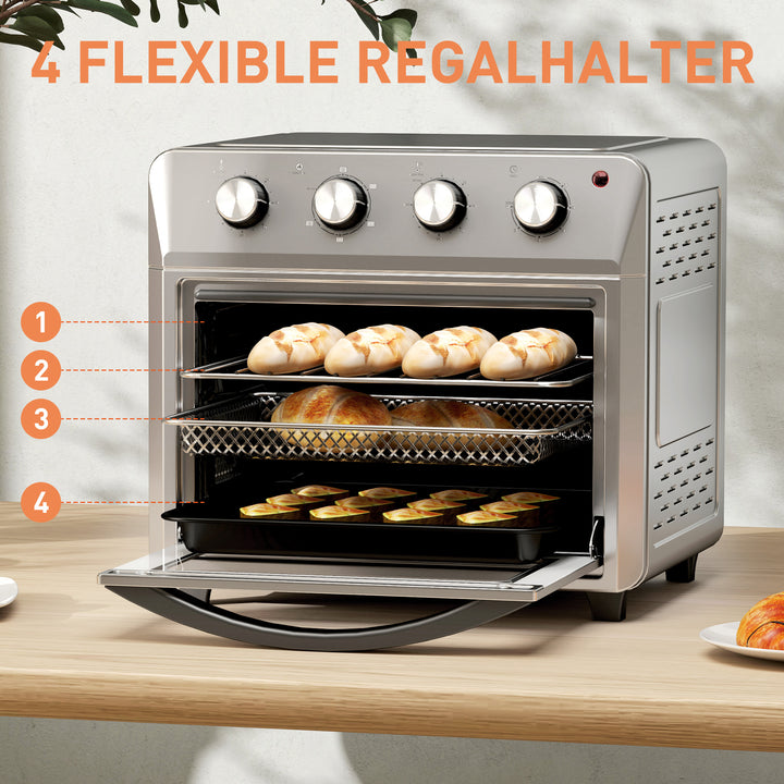 Miniovn med varmluft, airfryer, 6 varmefunktioner, timer, tilbehør, 24L, sølv