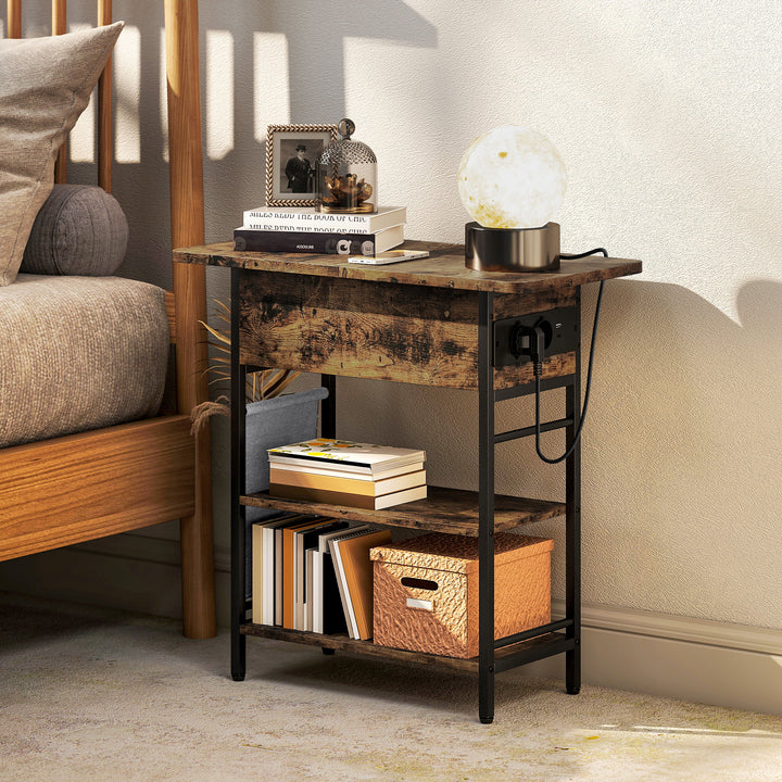 Sidebord / natbord med strømskinne, usb-porte, 60 x 30 x 59 cm, rustik brun