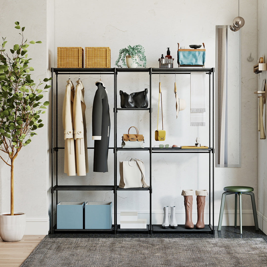 Åben garderobe, 4-etagers tøjstativ med 2 bøjlerum til stuen, 182 x 43 x 185 cm, sort