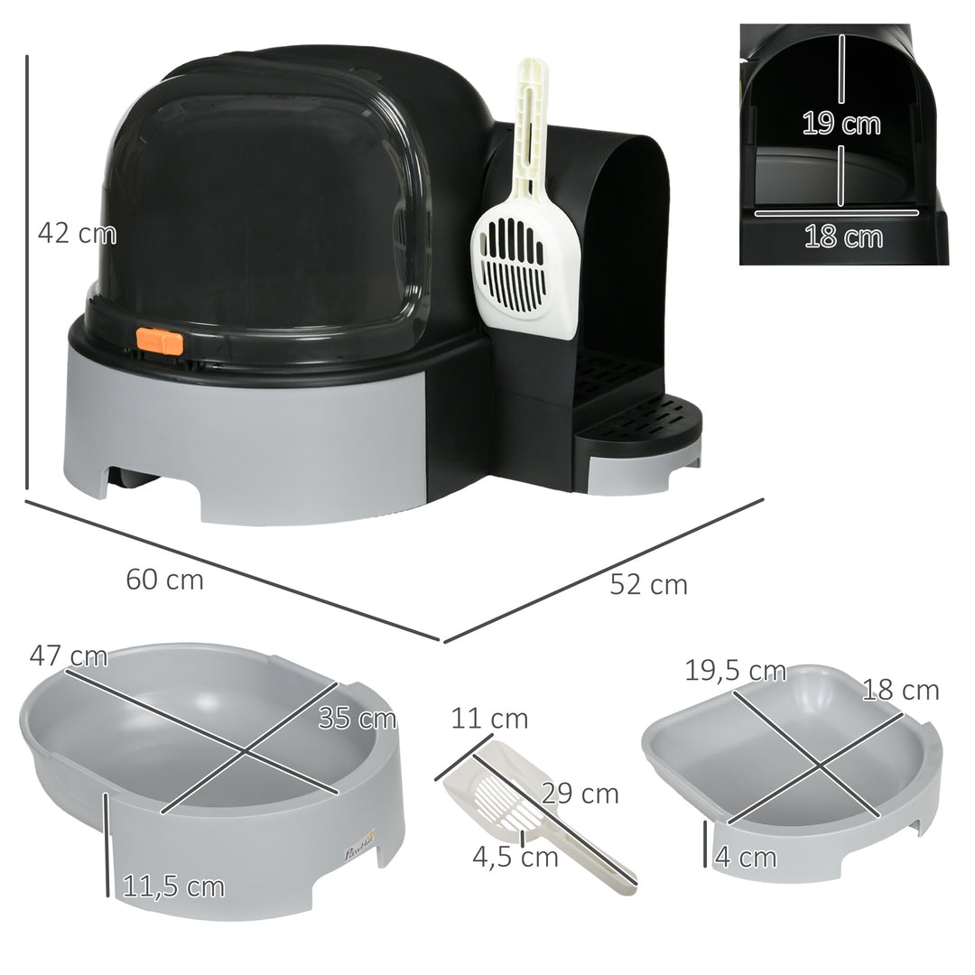 Kattebakke, 2 udtræksbakker, 1 ske, kattebakke, grå + sort