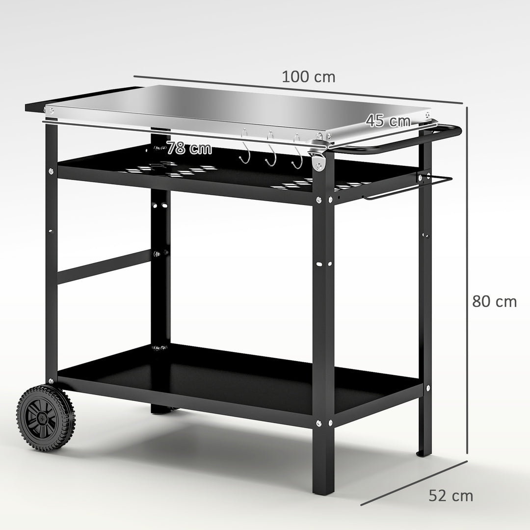 3-lags grillvogn/serveringsvogn med arbejdsflade, håndtag, låg, hjul, grillbord i rustfrit stål, 100x52x80cm, sort