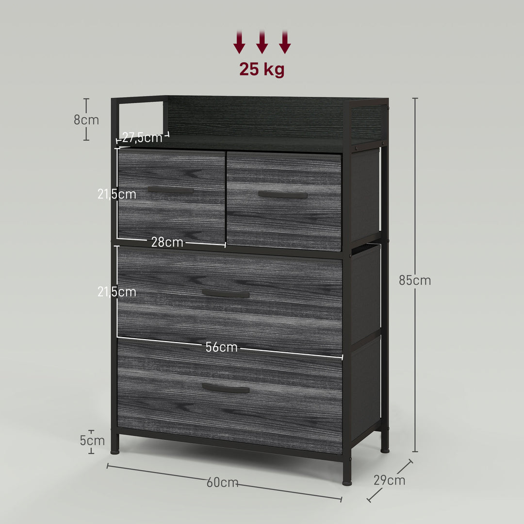 Kommode, skænk, 4 stofskuffer, industrielt design, 60x29x85cm, sort